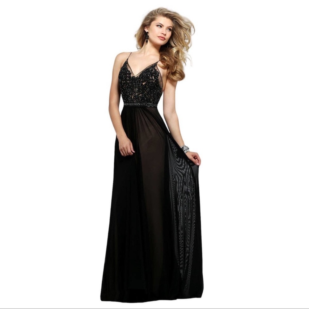 Faviana Black Chiffon Lace Embroidered Beaded Top Prom Evening Gown Dress Size 2